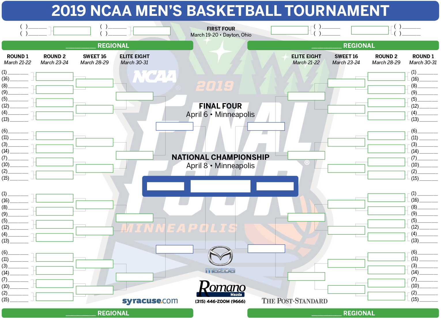 Printable NCAA Tournament bracket 2019 Schedule, locations for March