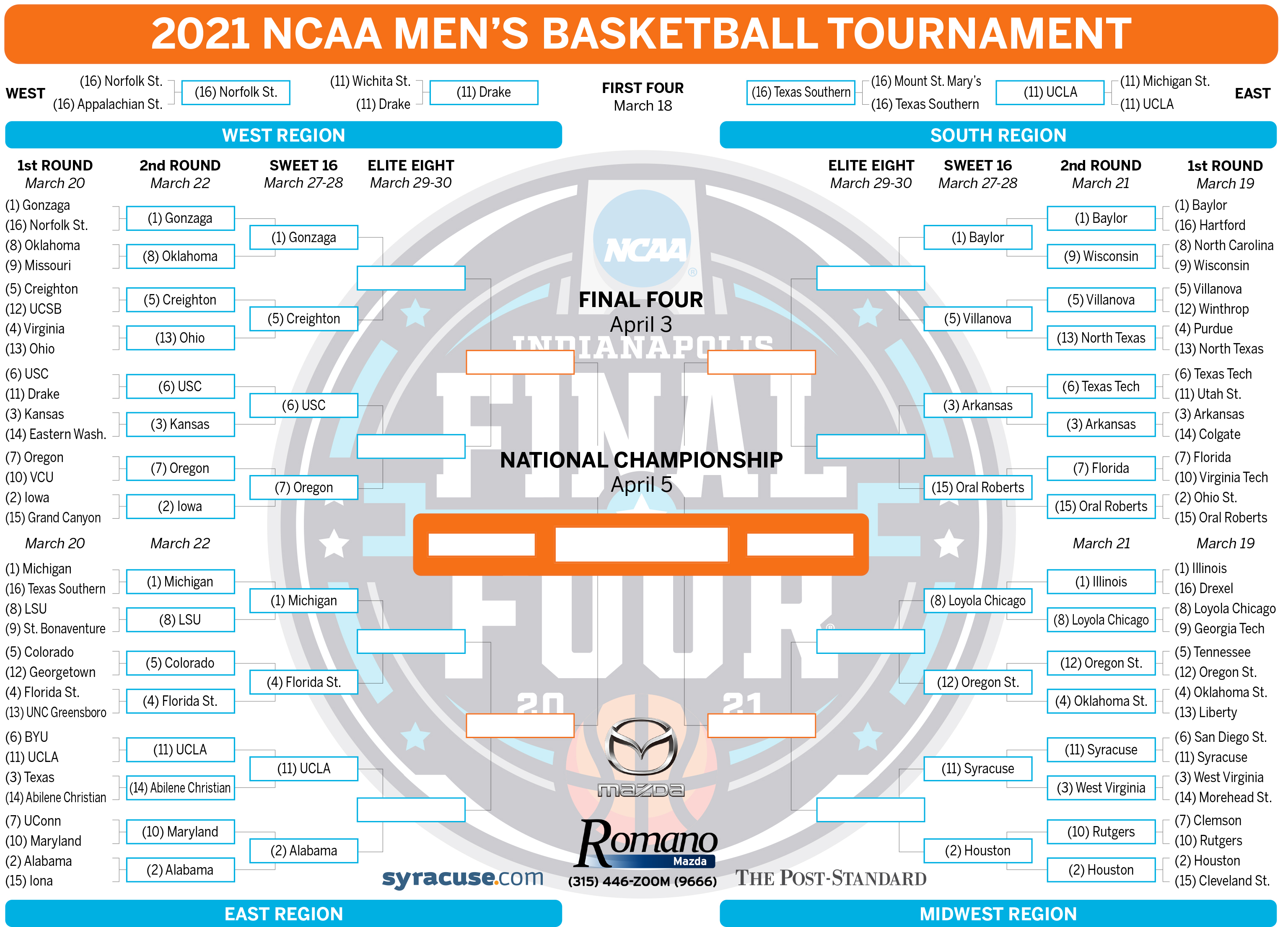 March Madness 2021 Ncaa Bracket Saturday S Sweet 16 Tv Schedule Syracuse Com