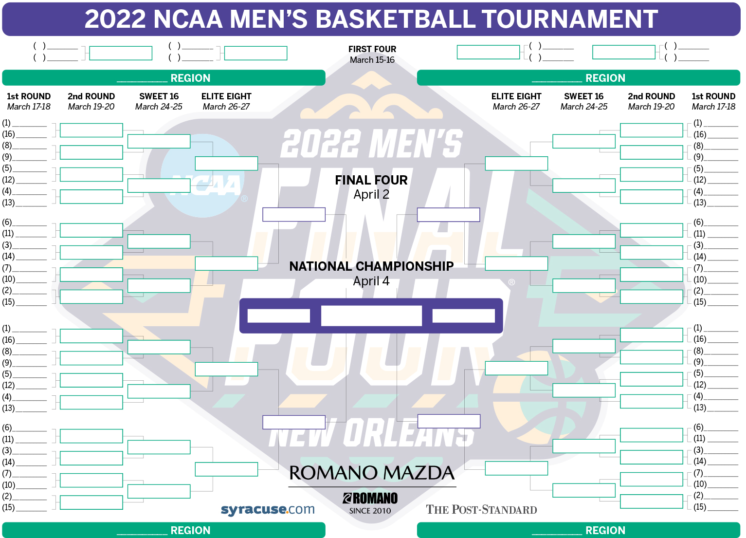 March Madness 2022 Blank, printable bracket for NCAA Selection Sunday